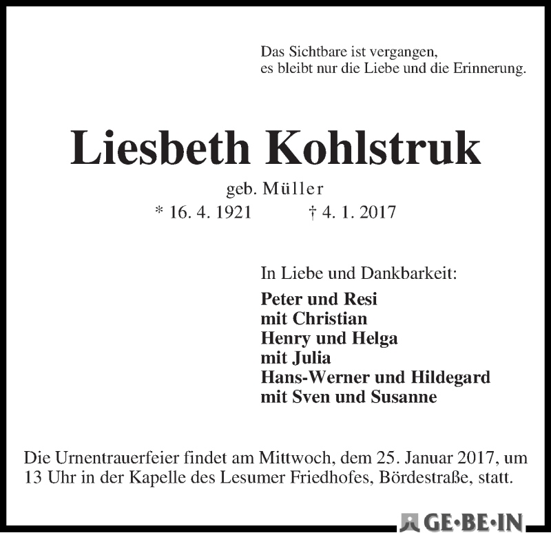 Traueranzeige von Liesbeth Kohlstruk von WESER-KURIER