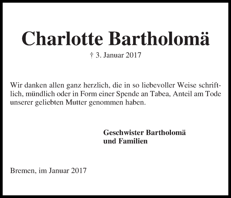 Traueranzeige von Charlotte Bartholomä von WESER-KURIER