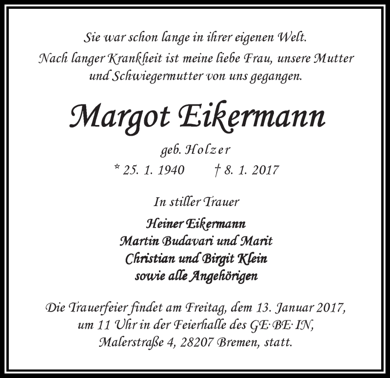 Traueranzeige von Margot Eikermann von WESER-KURIER