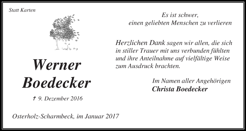  Traueranzeige für Werner Boedecker vom 14.01.2017 aus Osterholzer Kreisblatt
