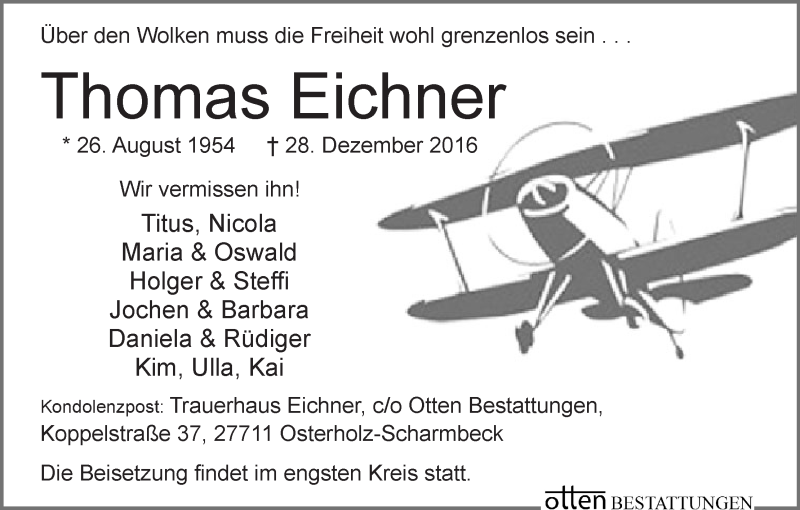 Traueranzeige von Thomas Eichner von Osterholzer Kreisblatt