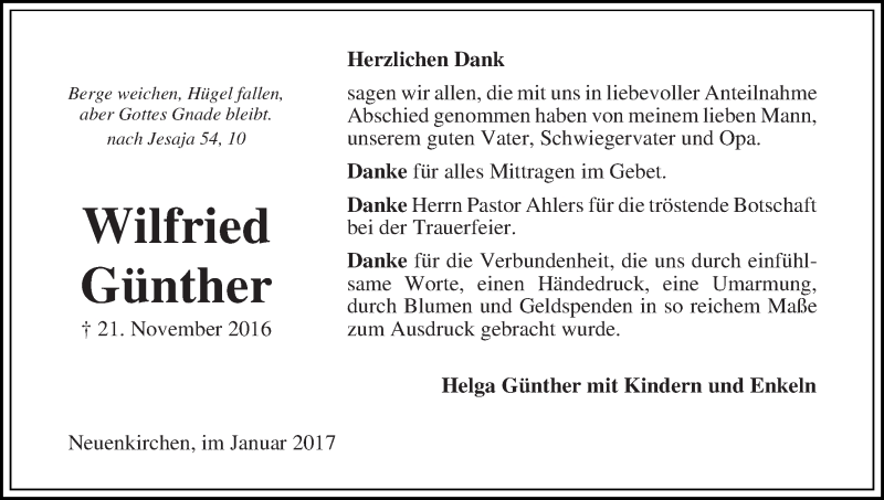 Traueranzeige von Wilfried Günther von Die Norddeutsche