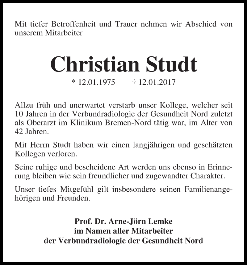  Traueranzeige für Christian Studt vom 28.01.2017 aus WESER-KURIER