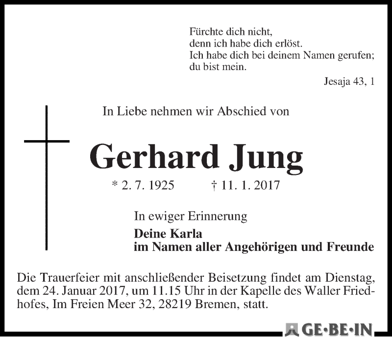 Traueranzeige von Gerhard Jung von WESER-KURIER