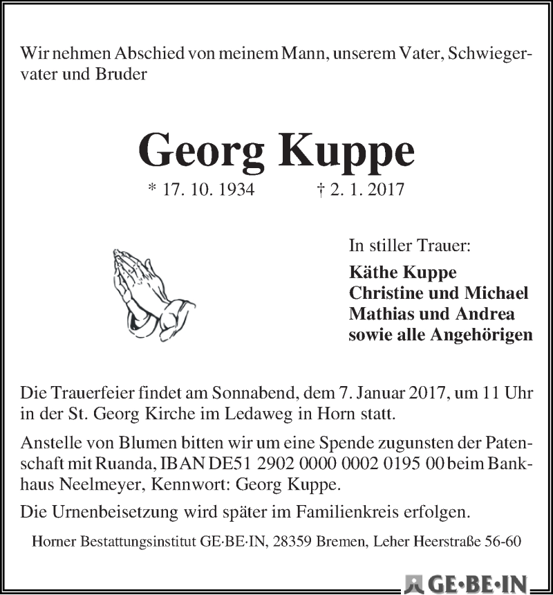 Traueranzeige von Georg Kuppe von WESER-KURIER