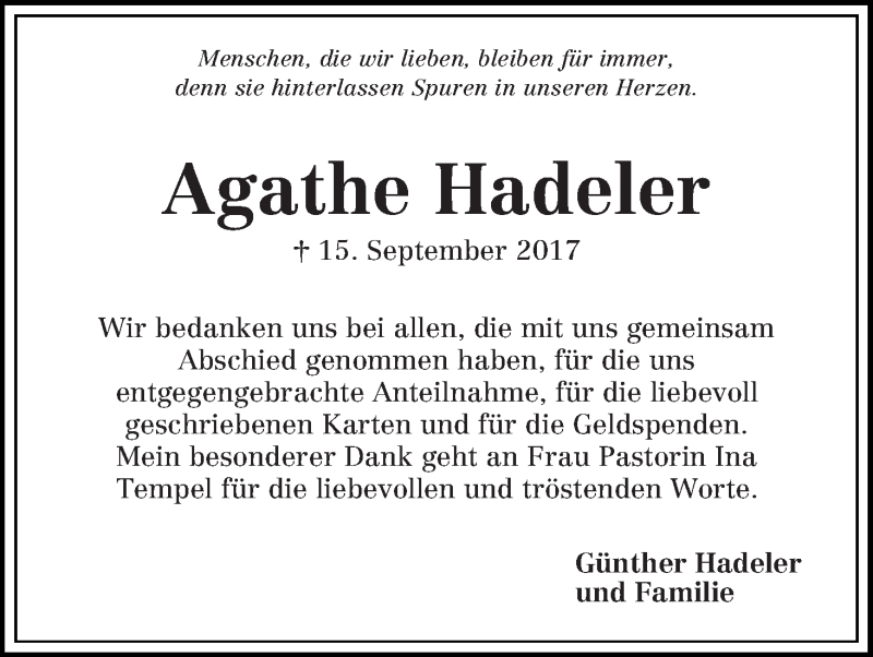 Traueranzeige von Agathe Hadeler von Die Norddeutsche