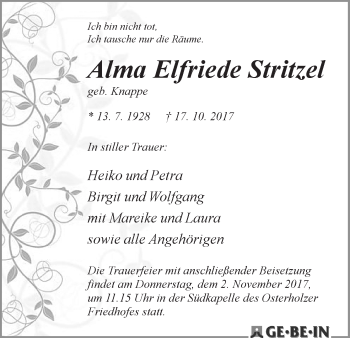 Traueranzeige von Alma Elfriede Stritzel