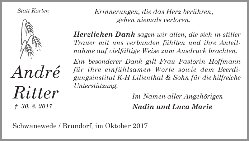  Traueranzeige für Andre Ritter vom 23.10.2017 aus Die Norddeutsche