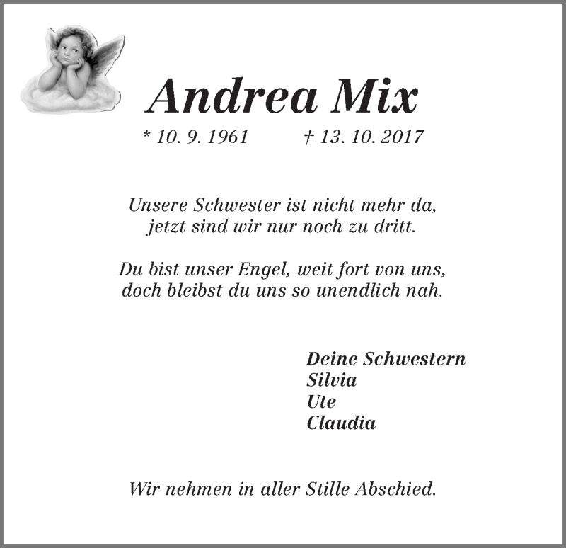  Traueranzeige für Andrea Mix vom 21.10.2017 aus WESER-KURIER