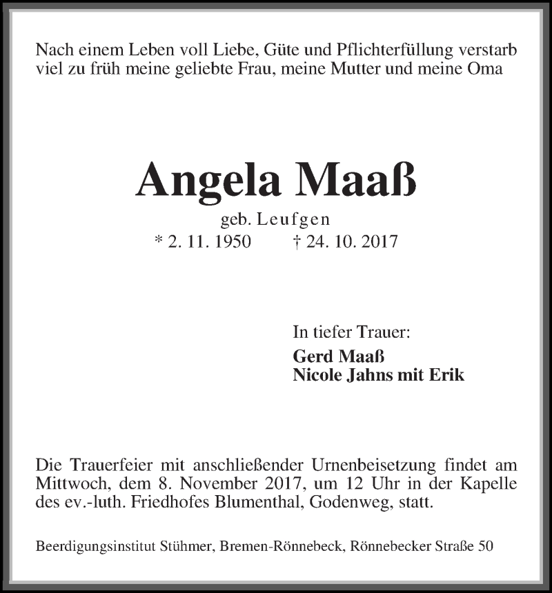 Traueranzeige von Angela Maaß von Die Norddeutsche