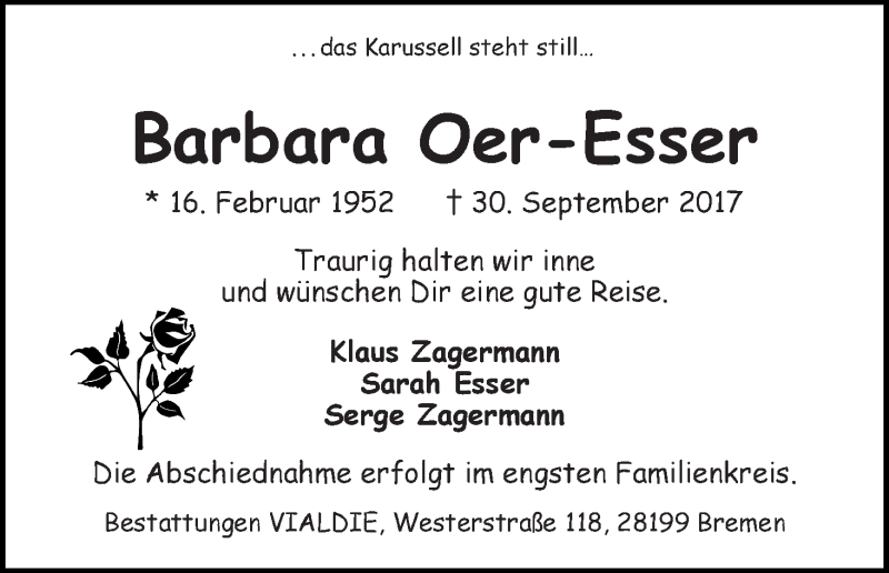  Traueranzeige für Barbara Oer-Esser vom 14.10.2017 aus WESER-KURIER