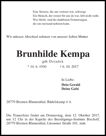 Traueranzeige von Brunhilde Kempa