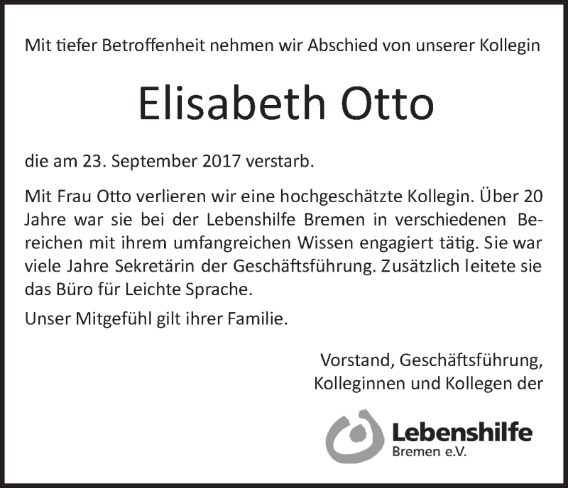  Traueranzeige für Elisabeth Otto vom 07.10.2017 aus WESER-KURIER