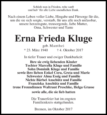 Traueranzeige von Erna Frieda Kluge