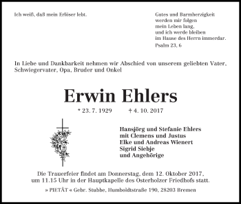 Traueranzeige von Erwin Ehlers