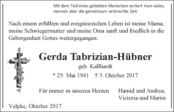 Traueranzeige von Gerda Tabrizian-Hübner