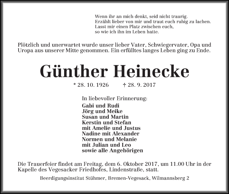  Traueranzeige für Günther Heinecke vom 04.10.2017 aus Die Norddeutsche