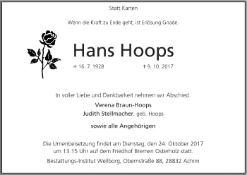 Traueranzeige von Hans Hoops