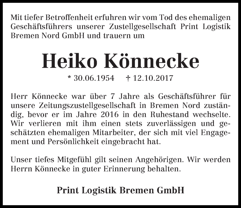  Traueranzeige für Heiko Könnecke vom 20.10.2017 aus Die Norddeutsche