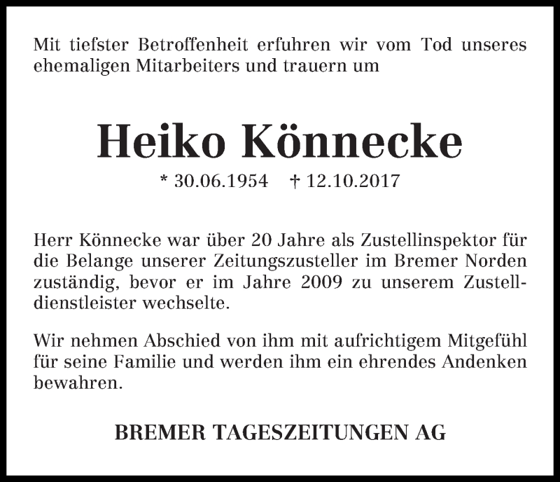  Traueranzeige für Heiko Könnecke vom 21.10.2017 aus WESER-KURIER