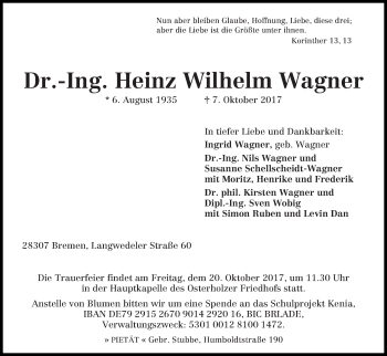Traueranzeige von Heinz Wilhelm Wagner
