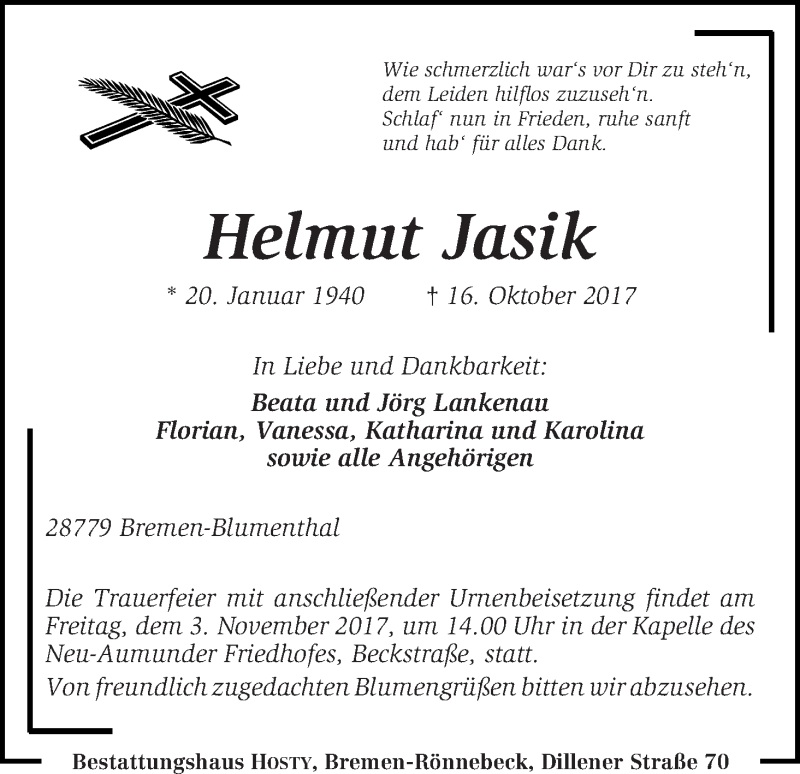  Traueranzeige für Helmut Jasik vom 28.10.2017 aus Die Norddeutsche