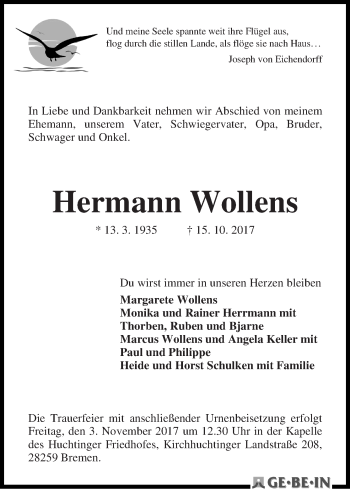 Traueranzeige von Hermann Wollens