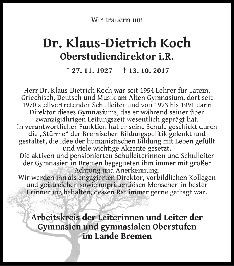  Traueranzeige für Klaus-Dietrich Koch vom 28.10.2017 aus WESER-KURIER