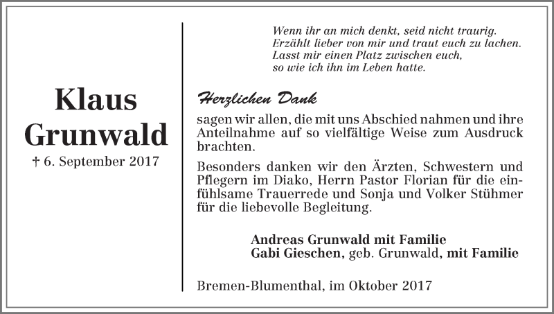  Traueranzeige für Klaus Grunwald vom 14.10.2017 aus Die Norddeutsche