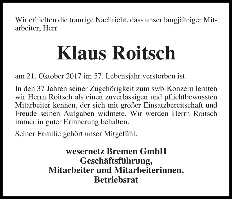  Traueranzeige für Klaus Roitsch vom 28.10.2017 aus WESER-KURIER