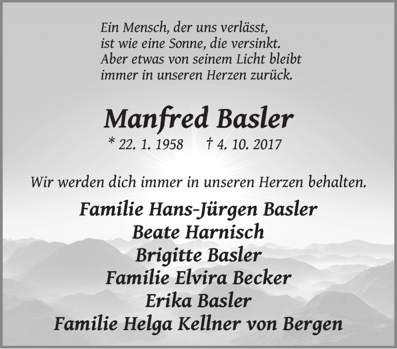  Traueranzeige für Manfred Basler vom 10.10.2017 aus WESER-KURIER