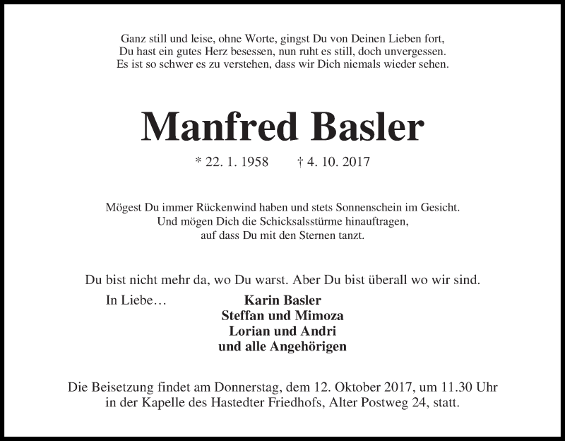  Traueranzeige für Manfred Basler vom 07.10.2017 aus WESER-KURIER