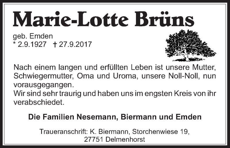 Traueranzeige von Marie-Lotte Brüns von WESER-KURIER