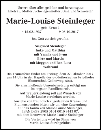 Traueranzeige von Marie-Louise Steinleger