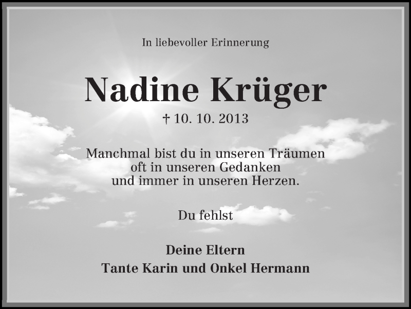  Traueranzeige für Nadine Krüger vom 10.10.2017 aus Die Norddeutsche