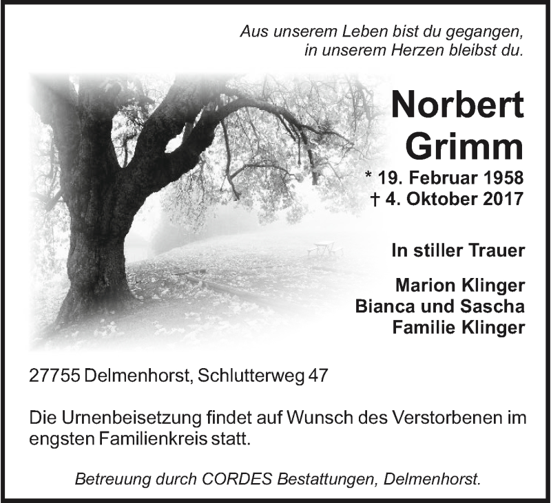 Traueranzeige von Norbert Grimm von WESER-KURIER