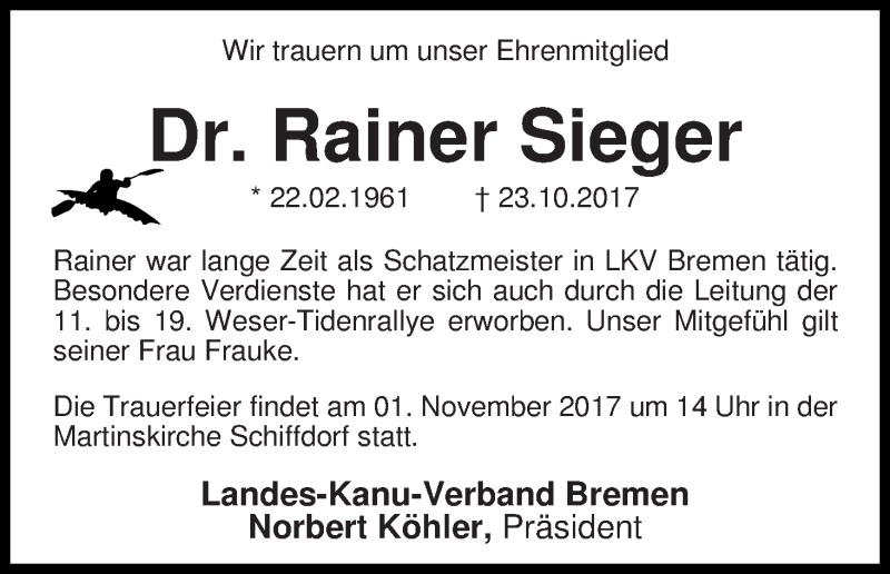 Traueranzeige von Rainer Sieger von WESER-KURIER