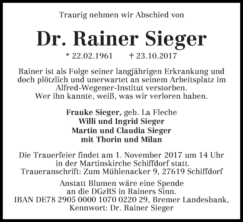 Traueranzeige von Rainer Sieger von WESER-KURIER
