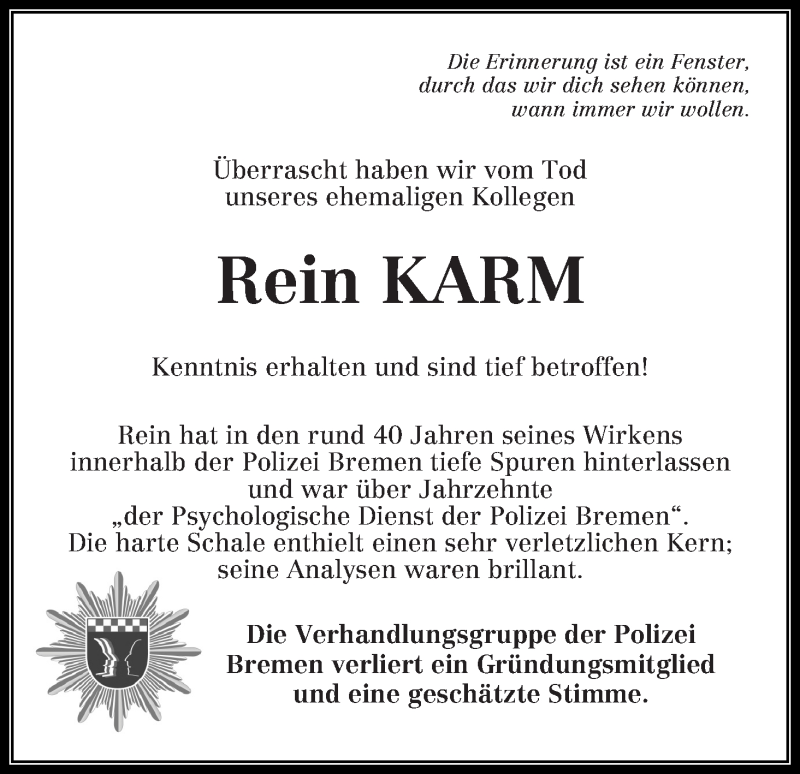  Traueranzeige für Rein Karm vom 28.10.2017 aus WESER-KURIER