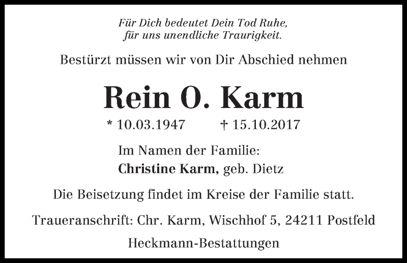  Traueranzeige für Rein O. Karm vom 21.10.2017 aus WESER-KURIER