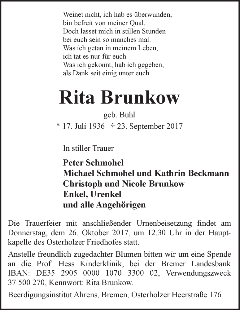  Traueranzeige für Rita Brunkow vom 14.10.2017 aus WESER-KURIER