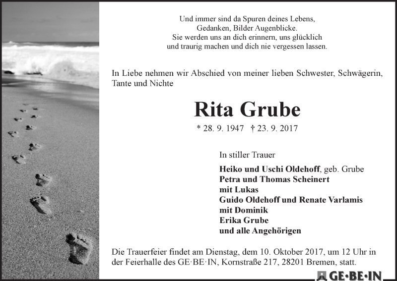  Traueranzeige für Rita Grube vom 04.10.2017 aus WESER-KURIER