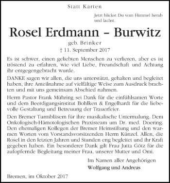 Traueranzeige von Rosel Erdmann-Burwitz