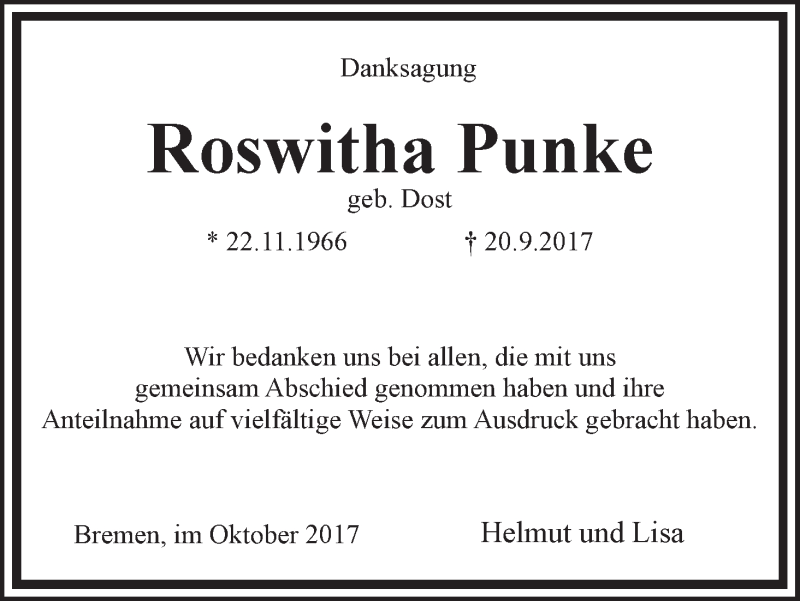  Traueranzeige für Roswitha Punke vom 14.10.2017 aus WESER-KURIER