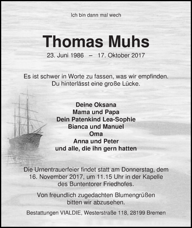  Traueranzeige für Thomas Muhs vom 21.10.2017 aus WESER-KURIER