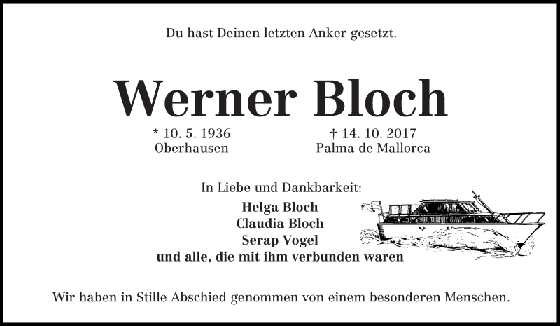  Traueranzeige für Werner Bloch vom 18.10.2017 aus WESER-KURIER