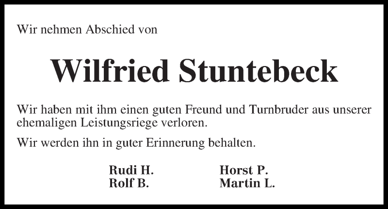  Traueranzeige für Wilfried Stuntebeck vom 04.10.2017 aus Die Norddeutsche