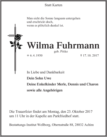 Traueranzeige von Wilma Fuhrmann