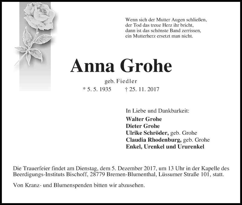 Traueranzeige von Anne Grohe von Die Norddeutsche