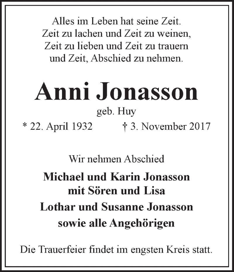  Traueranzeige für Anni Jonasson vom 11.11.2017 aus WESER-KURIER